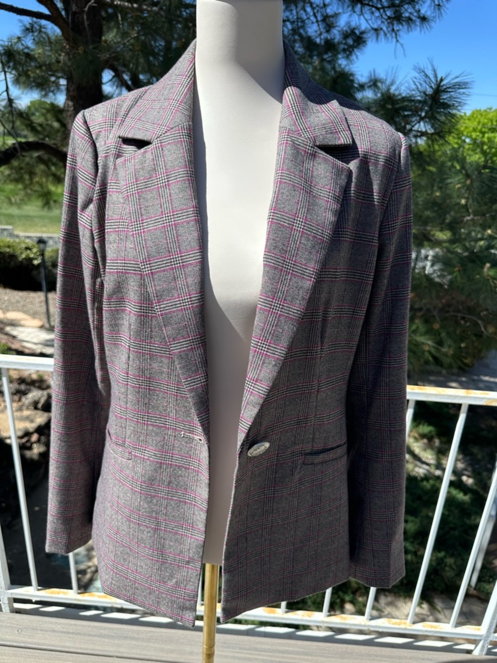 Boston Proper Gray Plaid Blazer with Pink Windowpane